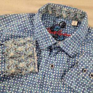 Robert Graham Button Down Flip Cuff Fashion Shirt Mens Medium Blue Diamond Check